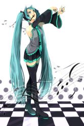Rule 34 | 1girl, aqua eyes, aqua hair, arms up, bad id, bad pixiv id, beamed quavers, boots, checkered floor, detached sleeves, floor, hatsune miku, headset, highres, long hair, looking up, musical note, necktie, open mouth, quaver, skirt, sofy, solo, staff (music), thigh boots, thighhighs, twintails, very long hair, vocaloid