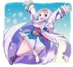 Rule 34 | 1girl, ataka takeru, blue hair, cape, dress, fire emblem, fire emblem heroes, full body, gradient hair, long sleeves, multicolored hair, nintendo, open mouth, outstretched arms, purple eyes, short hair, snowflakes, solo, spread arms, thighs, tiara, white hair, ylgr (fire emblem)