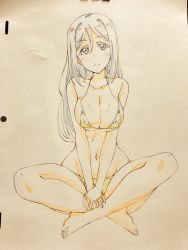 Rule 34 | 10s, 1girl, bikini, blue hair, blush, breasts, breasts squeezed together, cleavage, collarbone, color trace, commentary request, crossed legs, graphite (medium), hair down, highres, indian style, kotokoto (jumon), large breasts, long hair, love live!, love live! sunshine!!, matsuura kanan, sitting, solo, swimsuit, traditional media