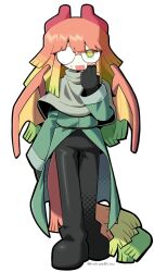 Rule 34 | 1boy, coat, dragon wings, fingerless gloves, full body, glasses, gloves, green eyes, hair horns, highres, horns, humanization, kokum0tsu, long hair, looking at viewer, male focus, monster boy, multicolored hair, open mouth, original, rainbow, rainbow hair, rainbow tail, red hot pokers, solo, solo focus, sweatdrop, tail, trap, tritoma, very long hair, white background, wings