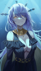Rule 34 | 1girl, absurdres, bare shoulders, blue dress, breasts, cleavage, crescent, dress, eyes visible through hair, hair between eyes, hair over one eye, highres, hololive, hololive indonesia, kimae, large breasts, light particles, long hair, long sleeves, looking at viewer, moona hoshinova, parted lips, purple hair, smile, solo, upper body, virtual youtuber, yellow eyes