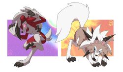 Rule 34 | blue eyes, claws, creatures (company), game freak, gen 7 pokemon, grin, lycanroc, lycanroc (midday), lycanroc (midnight), mangostaa, nintendo, no humans, pink eyes, pokemon, pokemon (creature), smile, spikes, white hair