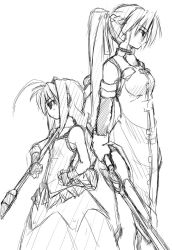 Rule 34 | 00s, 2girls, ahoge, dress, from side, graf eisen, greyscale, height difference, holding, holding sword, holding weapon, laevatein (nanoha), long hair, long sleeves, lyrical nanoha, mahou shoujo lyrical nanoha, mahou shoujo lyrical nanoha a&#039;s, monochrome, multiple girls, ponytail, profile, signum, simple background, sketch, standing, sword, uka, uniform, unsheathed, very long hair, vita (nanoha), weapon, whip sword, white background