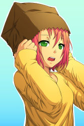 Rule 34 | 1girl, bag, bag over head, breasts, green eyes, highres, mike inel, original, paper bag, pink hair, short hair, small breasts, solo
