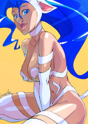 Rule 34 | 1girl, absurdres, animal ears, arms between legs, bare shoulders, blue eyes, blue hair, breasts, capcom, cat ears, cat tail, felicia (vampire), fur, highres, large breasts, long hair, open mouth, simple background, sitting, solo, strikebeagle, tail, thighhighs, v arms, vampire (game), yellow background