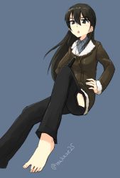 Rule 34 | &gt;:o, 1girl, :o, adolfine galland, barefoot, black hair, black pants, blue background, blue eyes, bomber jacket, feet, hands on own hips, highres, hip vent, jacket, long hair, makaze (t-junction), open mouth, pants, simple background, sitting, solo, spyglass, strike witches, strike witches zero, toes, twitter username, v-shaped eyebrows, world witches series