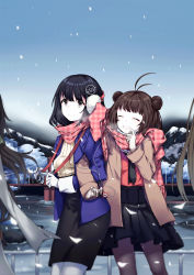 Rule 34 | 4girls, alternate costume, antenna hair, black hair, black skirt, bridge, brown eyes, brown hair, camera, chinese commentary, commentary request, digital media player, double bun, earmuffs, earphones, closed eyes, grin, haguro (kancolle), highres, iiiroha, ipod, kantai collection, locked arms, long hair, long sleeves, mountain, multiple girls, naka (kancolle), out of frame, pantyhose, ribbed sweater, scarf, shared earphones, short hair, skirt, smile, snowing, sweater