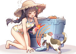 Rule 34 | 1girl, anger vein, bare arms, bare legs, bikini, black hair, blue archive, braid, breasts, cat, charm (object), claws, closed eyes, coral, fang, feet, fish, halo, hat, legs, low twin braids, miyu (blue archive), miyu (swimsuit) (blue archive), open mouth, print bikini, scratches, scratching, skin fang, small breasts, solo, sun hat, sweatdrop, swimsuit, tearing up, thighs, toes, twin braids, yuuki yuu