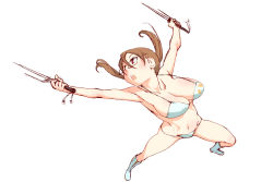 Rule 34 | 1girl, bikini, boots, breasts, brown hair, cleavage, glasses, large breasts, oono tsutomu, original, outstretched arms, red eyes, solo, swimsuit, twintails, weapon, white bikini