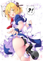 Rule 34 | !?, 1girl, aka tawashi, ass, black footwear, black panties, blonde hair, commentary request, dress, from behind, highres, looking back, maid, maid headdress, mugetsu (touhou), open mouth, panties, puffy short sleeves, puffy sleeves, shoes, short sleeves, solo, touhou, touhou (pc-98), underwear, yellow eyes