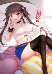 Rule 34 | 1girl, :d, bare shoulders, black choker, black thighhighs, blue skirt, breasts, brown eyes, brown hair, choker, crop top, hair ribbon, hands up, holding, holding phone, large breasts, long hair, looking at viewer, lying, midriff, miniskirt, naomi (fantasia), navel, on back, open mouth, original, phone, ribbon, shirt, sidelocks, skirt, sleeveless, sleeveless shirt, smile, solo, strapless, strapless shirt, thighhighs, thighs, twintails, white shirt, wrist cuffs