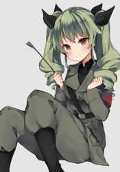 Rule 34 | 10s, 1girl, anchovy (girls und panzer), armband, bad id, bad pixiv id, belt, boots, breasts, brown eyes, clenched teeth, drill hair, girls und panzer, green hair, grey background, hair ribbon, highres, holding, holding riding crop, jacket, knee boots, knees up, long hair, looking at viewer, medium breasts, military, military uniform, pants, pants tucked in, ribbon, riding crop, ryuuji teitoku, simple background, sitting, solo, teeth, twin drills, twintails, uniform
