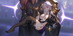 Rule 34 | 1girl, ahoge, bare shoulders, breasts, bright pupils, brooch, brown thighhighs, center opening, cleavage, closers, cocktail dress, dress, garter straps, gloves, highres, jewelry, knee up, large breasts, long hair, looking at viewer, mirae (closers), no bra, no shoes, panties, pelvic curtain, red eyes, revealing clothes, sleeveless, sleeveless dress, smile, solo, string panties, swd3e2, thighhighs, thighs, underwear, white gloves, white hair