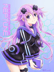 Rule 34 | 1girl, adult neptune, artist name, blue background, breasts, character name, choker, colored stripes, commentary request, cowboy shot, d-pad, d-pad hair ornament, double vertical stripe, gradient background, green background, hair between eyes, hair ornament, highres, holding, holding notebook, honeycomb (pattern), honeycomb background, hood, hood down, hooded jacket, jacket, kow (kow0117), long hair, looking at viewer, medium breasts, neptune (series), notebook, outline, parted bangs, purple eyes, purple hair, shin jigen game neptune vii, sidelocks, smile, solo, striped, thigh strap, thighs, twitter username, usb