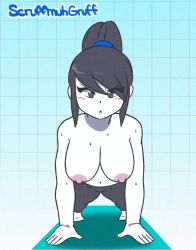 Rule 34 | 1girl, 20s, animated, artist name, bare arms, bare shoulders, barefoot, black pants, blue background, blush, bouncing breasts, breasts, breathing, clothes writing, colored skin, exercising, eyes visible through hair, female focus, gradient background, grey eyes, grey hair, grid, grid background, hair tie, high ponytail, large breasts, looking at viewer, looping animation, medium hair, nintendo, nipples, open mouth, pale skin, pants, push-ups, scruffmuhgruff, solo, staring, swept bangs, teeth, topless, uncensored, upper teeth only, video, white skin, wii fit, wii fit trainer, wii fit trainer (female), yoga pants