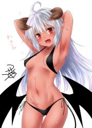 Rule 34 | 1girl, :d, ahoge, armpits, arms behind head, arms up, bikini, black bikini, blush, breasts, collarbone, commentary request, cowboy shot, dark skin, dark-skinned female, demon girl, demon horns, fang, gluteal fold, head tilt, horns, long hair, looking at viewer, low wings, medium breasts, navel, open mouth, original, pointy ears, red eyes, riel (yua), side-tie bikini bottom, silver hair, simple background, smile, solo, stomach, sweat, swimsuit, translated, white background, wings, yua (checkmate)