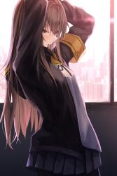 Rule 34 | 1girl, alternate hairstyle, armband, arms up, backlighting, black jacket, black ribbon, black skirt, blouse, brown eyes, brown hair, cityscape, closed mouth, commentary, cowboy shot, day, from side, girls&#039; frontline, hair down, hair tie, hair tie in mouth, hands in hair, highres, hood, hood down, hooded jacket, indoors, jacket, konome noi, light particles, long hair, long sleeves, miniskirt, mouth hold, neck ribbon, open clothes, open jacket, pleated skirt, ribbon, shirt, skirt, solo, standing, sunlight, tying hair, ump45 (girls&#039; frontline), white shirt, window