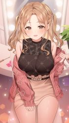 Rule 34 | 1girl, absurdres, bare shoulders, belt, blush, breasts, brown eyes, brown hair, dress, earrings, heart, highres, ichikawa hinana, idolmaster, idolmaster shiny colors, indoors, jacket, jewelry, large breasts, long hair, looking at viewer, makeup, makeup brush, miniskirt, off-shoulder dress, off shoulder, open clothes, open jacket, open mouth, parted bangs, parted lips, pencil skirt, reel (riru), see-through, sitting, skirt, sleeveless, smile, solo, sparkle, thighs, twintails, unmoving pattern