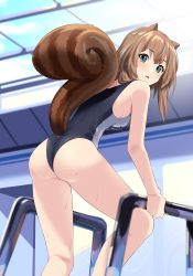 Rule 34 | 1girl, animal ears, ass, ayunda risu, breasts, brown hair, green eyes, highres, hololive, hololive indonesia, indoors, medium breasts, nonstop nut november, one-piece swimsuit, open mouth, short hair, solo, squirrel ears, squirrel girl, squirrel tail, swimsuit, tail, virtual youtuber, wedgie, wet, yuyu5x