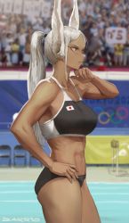 Rule 34 | 1girl, 2020 summer olympics, abs, absurdres, alternate hairstyle, animal ears, audience, boku no hero academia, breasts, chair, commentary, cowboy shot, crowd, dark-skinned female, dark skin, darr1o, english commentary, folding chair, highres, japanese flag, large breasts, long hair, mirko, muscular, muscular female, olympics, ponytail, rabbit ears, rabbit girl, red eyes, solo focus, sports bra, track and field, white hair