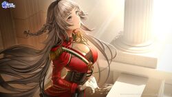 Rule 34 | 1girl, absurdres, aiguillette, architecture, azur lane, blunt bangs, braid, breasts, chain, cleavage, closed mouth, column, commentary, corset, cowboy shot, dress, epaulettes, eyelashes, floating hair, from side, gloves, greco-roman architecture, grey eyes, grey hair, highres, jacket, large breasts, light smile, long hair, nanaken nana, official art, pillar, red dress, red jacket, shrug (clothing), smile, solo, standing, sunlight, underbust, vittorio veneto (azur lane), watermark, white gloves