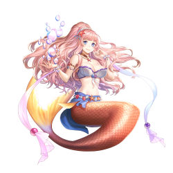 Rule 34 | 1girl, bead bracelet, beads, blue eyes, bracelet, breasts, cleavage, floating hair, full body, high ponytail, highres, jewelry, large breasts, long hair, marmalade (valkyrie connect), mermaid, monster girl, pink hair, scales, seashell, shell, smile, solo, split tail, starfish, valkyrie connect