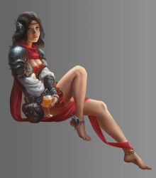 Rule 34 | 1girl, alcohol, anklet, armor, bag, bare legs, barefoot, brown hair, chenkai010, circlet, corset, curly hair, drink, feet, glass, jewelry, light smile, long hair, looking at viewer, original, realistic, satchel, scarf, skirt, smile, solo, wine