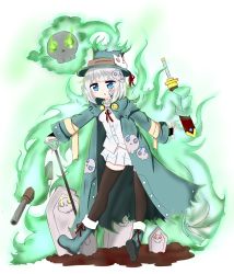 Rule 34 | 1girl, bailingxiao jiu, black thighhighs, blue eyes, blush, boots, bridal gauntlets, chestnut mouth, coat, commentary request, dress shirt, glowing, glowing eyes, green coat, green footwear, green hat, gun, hat, highres, holding, holding sword, holding weapon, long sleeves, open clothes, open coat, original, parted lips, pleated skirt, rifle, shirt, silver hair, skirt, skull, solo, sword, thighhighs, tombstone, weapon, white shirt, white skirt, wide sleeves