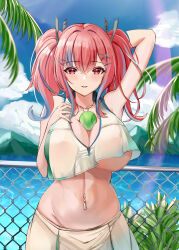 Rule 34 | 1girl, absurdres, arm up, azur lane, ball, belly, between breasts, blue sky, blush, breasts, bremerton (azur lane), bremerton (scorching-hot training) (azur lane), chain-link fence, cloud, cloudy sky, covered erect nipples, crop top, crop top overhang, day, fence, fingernails, green skirt, grey hair, groin, hair between eyes, hair intakes, hair ornament, hairclip, hand on own chest, heart, heart necklace, highres, huge breasts, jewelry, kanesada dp, linea alba, looking at viewer, mole, mole under eye, mountainous horizon, multicolored hair, navel, navel piercing, necklace, ocean, open mouth, outdoors, palm tree, piercing, plant, red eyes, red hair, shirt, skirt, sky, sleeveless, sleeveless shirt, smile, solo, sportswear, stomach, streaked hair, tennis ball, tennis uniform, tree, twintails, two-tone hair, two-tone shirt, two-tone skirt, underboob, water, white skirt, x hair ornament