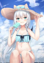 Rule 34 | 1girl, animal hat, bikini, blush, braid, day, food, fox tail, hat, highres, hololive, long hair, looking at viewer, navel, open mouth, outdoors, popsicle, shirakami fubuki, side braid, single braid, sitting, solo, sun hat, swimsuit, tail, touhourh, virtual youtuber, white hair
