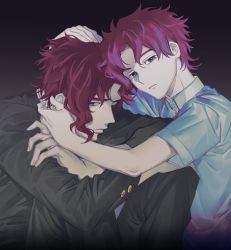 Rule 34 | 2boys, aged down, bright pupils, child, collared shirt, crossed arms, empty eyes, expressionless, gakuran, hand on another&#039;s cheek, hand on another&#039;s face, hand on another&#039;s head, highres, hug, jojo no kimyou na bouken, kakyoin noriaki, long sleeves, looking at viewer, male focus, messy hair, multiple boys, purple eyes, red hair, school uniform, shirt, short sleeves, sideways glance, simple background, sitting, stardust crusaders, time paradox, zeeerudo