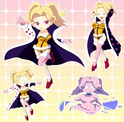 Rule 34 | 1girl, asymmetrical legwear, bad id, bad pixiv id, blonde hair, blush, breasts, breasts apart, broken bottle, broken glass, chibi, cleavage, closed eyes, coat, colored skin, crying, full body, glass, gloves, gradient background, grid background, high collar, honey queen, legs apart, leotard, mismatched legwear, monster girl, multiple views, narrow waist, one piece, one piece: clockwork island adventure, open mouth, orange background, outline, pink alvida, pink background, pink eyes, slime girl, standing, standing on one leg, surprised, thighhighs, twintails, v-shaped eyebrows, yellow background