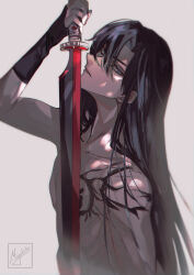 Rule 34 | 1boy, black gloves, black hair, blue eyes, chest markings, d.gray-man, expressionless, facing away, gloves, grey background, highres, holding, holding sword, holding weapon, kanda yuu, long hair, looking at viewer, male focus, miyukiko, parted lips, ponytail, profile, signature, solo, sword, topless male, upper body, weapon
