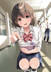 Rule 34 | 1boy, 2girls, blush, bob cut, bow, bowtie, breasts, brown eyes, brown hair, commentary, dappled sunlight, day, dress shirt, full body, hallway, highres, holding, holding notebook, holding pencil, incoming gift, knees, kukiha, looking at viewer, loose bowtie, medium breasts, multiple girls, notebook, open mouth, original, outstretched hand, pencil, pleated skirt, school, school uniform, shadow, shirt, skirt, smile, solo focus, squatting, sunlight, uniform, window