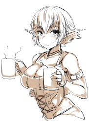 Rule 34 | 1girl, bad id, bad pixiv id, bare shoulders, belko, blush, breasts, cleavage, collarbone, cup, detached sleeves, eyelashes, frown, large breasts, looking at viewer, mug, original, pointy ears, short hair, sketch, solo, sweatdrop, upper body