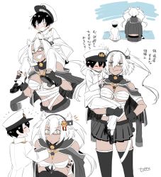 Rule 34 | 1boy, 1girl, admiral (kancolle), age difference, artist name, bare shoulders, black gloves, black hair, black thighhighs, breasts, budget sarashi, carrying, closed eyes, collar, commentary request, dark-skinned female, dark skin, embarrassed, epaulettes, flying sweatdrops, glasses, gloves, grey eyes, hair between eyes, hand on own hip, hat, headgear, highres, kantai collection, large breasts, little boy admiral (kancolle), long sleeves, looking at another, looking at viewer, medal, military, military hat, military uniform, miniskirt, multiple views, musashi (kancolle), musashi kai (kancolle), naval uniform, open mouth, peaked cap, sarashi, semi-rimless eyewear, short hair, short hair with long locks, shoulder carry, simple background, sitting, skirt, smile, smug, thighhighs, totto (naka), translation request, twintails, two side up, under-rim eyewear, uniform, white background