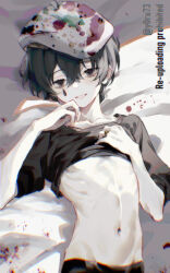 1boy bed_sheet beret black_eyes black_hair black_shirt blood blood_on_hands clothes_pull hat highres jewelry limbus_company long_sleeves looking_at_viewer low_ponytail male_focus pale_skin parted_lips project_moon ring ring_(identity)_(project_moon) shirt shirt_pull skinny smile solo white_hat y0ru73 yi_sang_(project_moon)