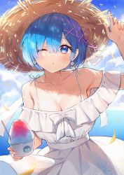 Rule 34 | 1girl, :o, alternate costume, arm up, ayamy, bare shoulders, blue eyes, blue hair, blush, bow, breasts, character print, cleavage, collarbone, day, dress, earrings, flower knot, food, hair ornament, hair over one eye, hat, highres, holding, horizon, ice, jewelry, large breasts, looking at viewer, ocean, off-shoulder dress, off shoulder, one eye closed, outdoors, petals, petelgeuse romaneeconti, re:zero kara hajimeru isekai seikatsu, rem (re:zero), ribbon, short hair, smile, solo, straw hat, white bow, white dress, x hair ornament