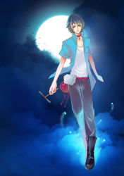 Rule 34 | 1boy, bamboo copter, bell, belt, bird, blue hair, boots, cloud, collar, doraemon, doraemon (character), earrings, flying, full moon, highres, jewelry, looking at viewer, male focus, moon, night, open clothes, open shirt, orange eyes, personification, shirt, sky, slit pupils, solo, youkukill