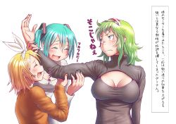 Rule 34 | 3girls, :d, ^ ^, aqua eyes, aqua hair, aqua nails, blonde hair, blush, breasts, cleavage, cleavage cutout, closed eyes, clothing cutout, commentary request, eyelashes, fingernails, goggles, goggles on head, green hair, gumi, hair ornament, hairband, hairclip, hatsune miku, kagamine rin, large breasts, long hair, meme attire, multiple girls, nail polish, open-chest sweater, open mouth, palms, purple eyes, short hair, simple background, smile, sweater, toned, translation request, twintails, upper body, vocaloid, white background, wokada, yellow nails