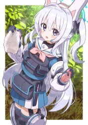 Rule 34 | 1girl, :d, animal ears, bag, blue archive, bow, braid, bulletproof vest, commentary request, fake animal ears, fuji tarawi, grey hair, hair between eyes, hair bow, hair ribbon, halo, headset, highres, holding, holding towel, knee pads, knife sheath, knife sheath, long hair, long sleeves, looking at viewer, miyako (blue archive), one side up, open mouth, pleated skirt, pocket, purple eyes, rabbit ears, ribbon, school uniform, serafuku, sheath, sidelocks, single braid, skirt, smile, solo, tactical clothes, towel, turtleneck, two-tone gloves, wet, wet clothes, wet towel, white towel