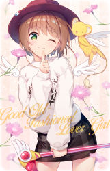 Rule 34 | 1girl, ;), alternate costume, black skirt, blush, brown hair, cardcaptor sakura, checkered clothes, checkered skirt, closed mouth, clothes writing, contrapposto, cowboy shot, creature, detached wings, english text, fedora, flower, flying, french flag, green eyes, hat, highres, holding, holding wand, index finger raised, kero (cardcaptor sakura), kinomoto sakura, leaning to the side, long sleeves, looking at viewer, one eye closed, red hat, short hair, skirt, sleeves past wrists, smile, sora from france, standing, sweater, tareme, wand, white sweater, white wings, wings
