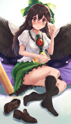Rule 34 | 1girl, absurdres, arm cannon, arms up, bag, bird wings, black hair, black socks, black wings, blush, breasts, brown footwear, cape, chips (food), commentary, cushion, evefly megane p, expressionless, feathered wings, food, hair between eyes, hair ribbon, highres, holding, holding bag, kneehighs, large breasts, loafers, long hair, looking at viewer, potato chips, puffy short sleeves, puffy sleeves, radiation symbol, reclining, red eyes, reiuji utsuho, ribbon, shirt, shoes, unworn shoes, short sleeves, simple background, sitting, socks, solo, space print, starry sky print, third eye, touhou, very long hair, weapon, white background, white cape, white shirt, wings