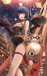 Rule 34 | 1girl, bell, black nails, blue hair, blush, braid, breasts, china dress, chinese clothes, cleavage, dress, elbow gloves, fingerless gloves, fireworks, food, frills, from below, genshin impact, gloves, guoba (genshin impact), hands up, highres, holding, holding tray, lantern, melt (ghfla10), nail polish, open mouth, panda, pelvic curtain, rope, shimenawa, short hair, side slit, small breasts, smile, solo, teeth, thigh strap, thighs, tray, turtleneck, twin braids, two-tone dress, upper teeth only, walking, xiangling (genshin impact), yellow eyes