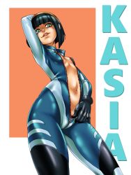 Rule 34 | 1girl, arm behind back, arm behind head, black gloves, black hair, black hairband, blue bodysuit, blunt bangs, bob cut, bodysuit, breasts, breasts apart, character name, commentary, commission, cowboy shot, english commentary, foreshortening, freckles, from below, gloves, green eyes, hairband, kasia mikolajczyk (silverfox442), kyder, lips, looking at viewer, navel, no bra, open bodysuit, open clothes, original, outside border, short hair, small breasts, solo, standing, transparent background, turning head, unzipped, unzipping, yellow hairband, zipper, zipper pull tab