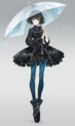 Rule 34 | 1girl, ankle boots, belt, belt buckle, black dress, black footwear, black hair, blue eyes, blue nails, blue pantyhose, boots, breasts, buckle, closed mouth, cross-laced footwear, dress, full body, gradient background, grey background, hair ornament, hairclip, head tilt, highres, holding, holding umbrella, lace-up boots, layered dress, long sleeves, looking at viewer, nail polish, original, pantyhose, platform footwear, short hair, small breasts, smile, solo, standing, swav, umbrella, water