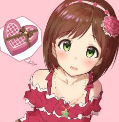 Rule 34 | 1girl, arms behind back, bare shoulders, blush, box, brown hair, collarbone, commentary request, dress, flower, frills, green eyes, hair flower, hair ornament, hairband, heart-shaped box, idolmaster, idolmaster cinderella girls, jewelry, looking at viewer, maekawa miku, necklace, open mouth, pink background, red dress, short hair, solo, swept bangs, takeashiro, thought bubble, wavy mouth