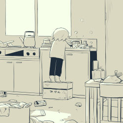 Rule 34 | 1boy, absurdres, avogado6, box, child, commentary request, dishwashing, facing away, from behind, highres, indoors, monochrome, on box, original, pants, shirt, solo, teapot, tiptoes, yellow theme