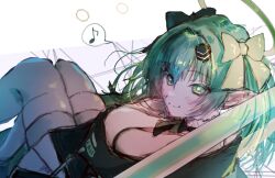 Rule 34 | 1girl, black bow, black bowtie, black skirt, blush, bow, bowtie, breasts, cleavage, closed mouth, einkk (nikke), goddess of victory: nikke, green bow, green eyes, green hair, hair between eyes, hair bow, hair ornament, highres, large breasts, long hair, looking at viewer, musical note, mutsui, pointy ears, short twintails, sitting, sketch, skirt, smile, solo, spoken musical note, thighhighs, twintails, white thighhighs