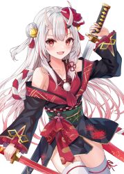 Rule 34 | 1girl, adju ster, bell, black kimono, blush, breasts, cleavage, collarbone, double bun, fang, frilled sleeves, frills, gradient hair, grey hair, hair bell, hair bun, hair ornament, highres, holding, holding weapon, hololive, horns, japanese clothes, jingle bell, katana, kimono, long hair, long sleeves, looking at viewer, mask, mask on head, medium breasts, multicolored hair, nakiri ayame, nakiri ayame (1st costume), off shoulder, oni, oni mask, open mouth, red eyes, red hair, rope, shimenawa, short kimono, skin-covered horns, smile, solo, streaked hair, sword, tassel, tassel hair ornament, two side up, virtual youtuber, weapon, white background, white hair, wide sleeves